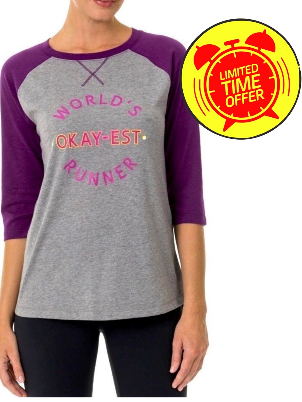 WORLD’S OKAY-EST RUNNER Grey and Purple Graphic Baseball T-Shirt Size Medium